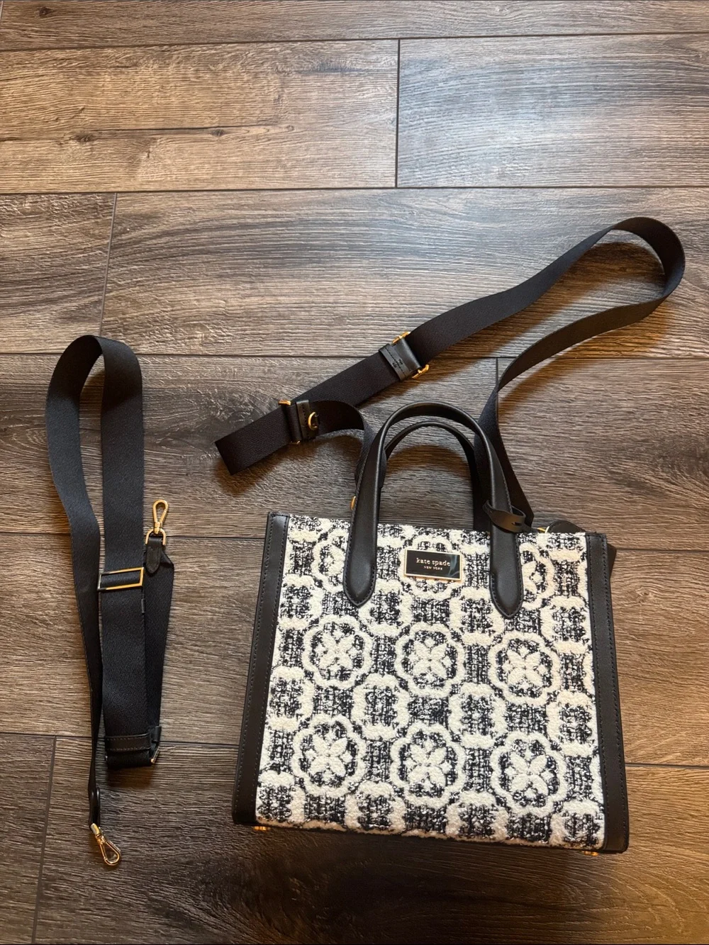 Kate Spade Black and White Textured Tote with Flowers